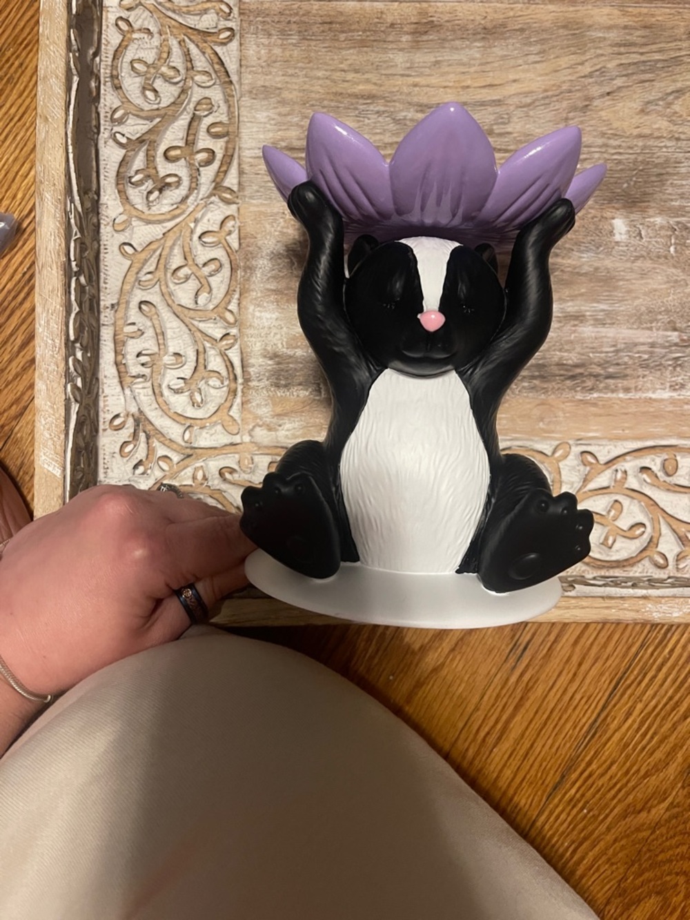 Black & White Skunk Candle Holder with Flower Lid